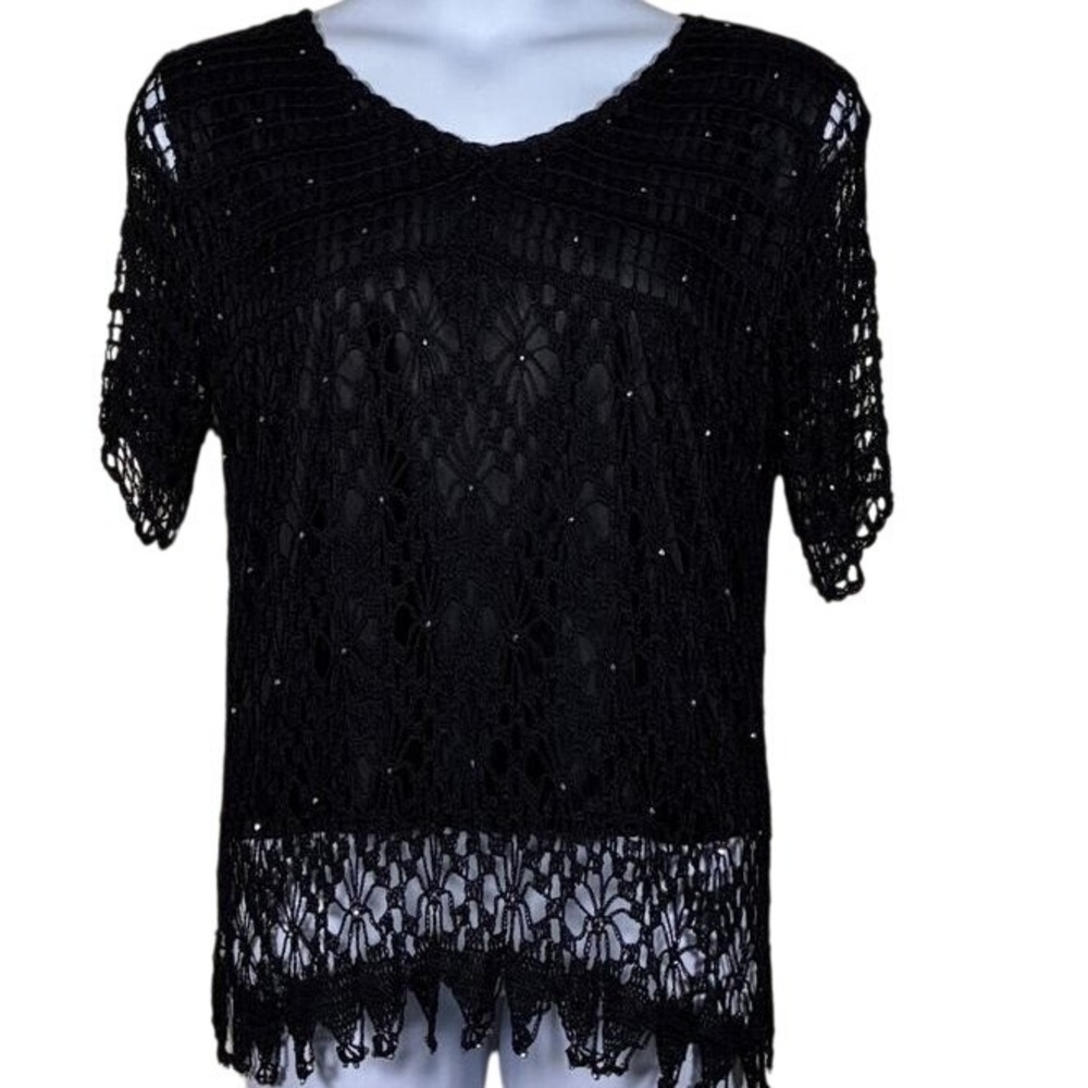 Blouse Top XL Black Embellished Crochet Lace Overlay Evening Wear Whimsigoth